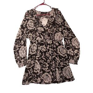 Zara Floral Mini Dress Black and White Ruffles on V Neck Boho Sheer NWT Size M